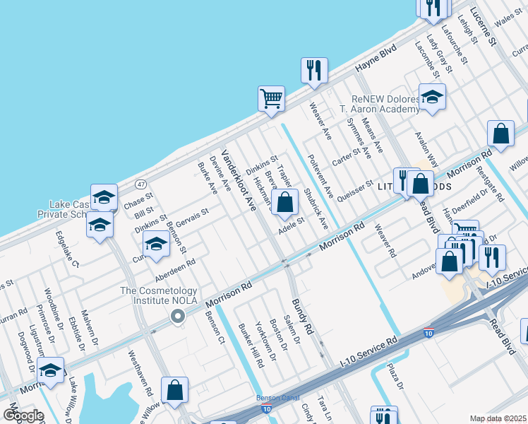 map of restaurants, bars, coffee shops, grocery stores, and more near 7613 Vanderkloot Avenue in New Orleans