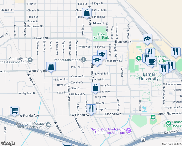 map of restaurants, bars, coffee shops, grocery stores, and more near 4560 Highland Ave in Beaumont
