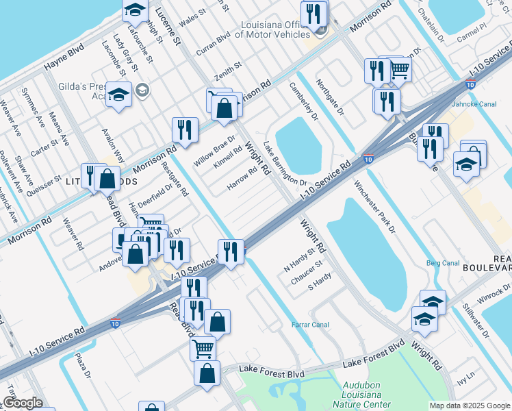map of restaurants, bars, coffee shops, grocery stores, and more near 10901 Roger Drive in New Orleans