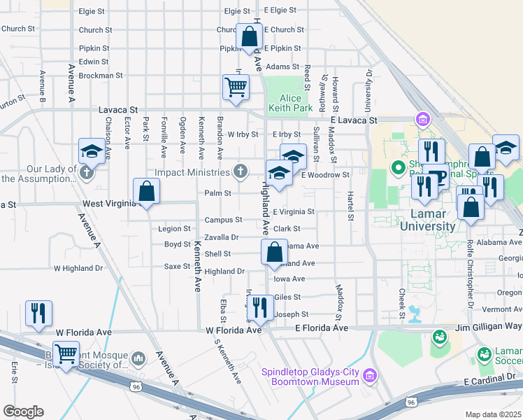 map of restaurants, bars, coffee shops, grocery stores, and more near 4560 Highland Avenue in Beaumont