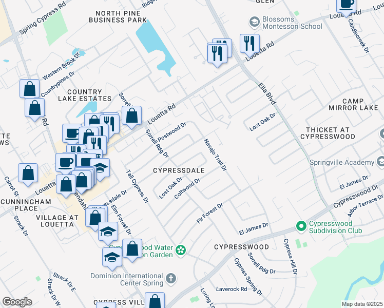 map of restaurants, bars, coffee shops, grocery stores, and more near 3818 Marywood Drive in Spring