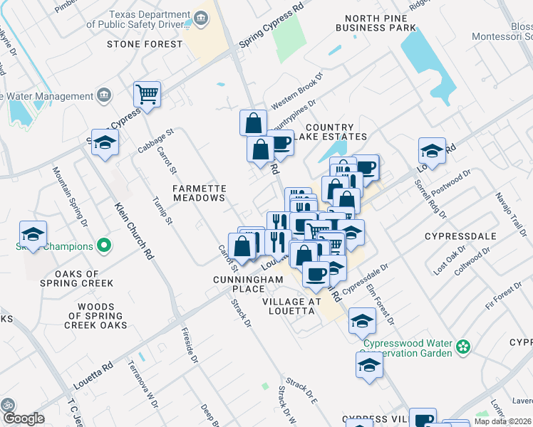 map of restaurants, bars, coffee shops, grocery stores, and more near 18627 Kuykendahl Road in Spring