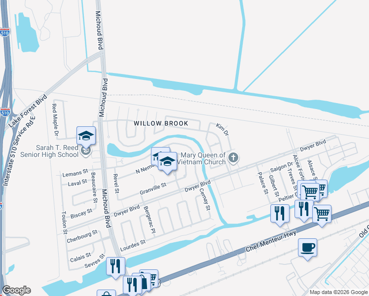 map of restaurants, bars, coffee shops, grocery stores, and more near 13742 North Lemans Street in New Orleans
