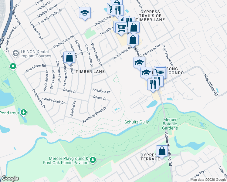 map of restaurants, bars, coffee shops, grocery stores, and more near 22914 Grand Rapids Lane in Spring