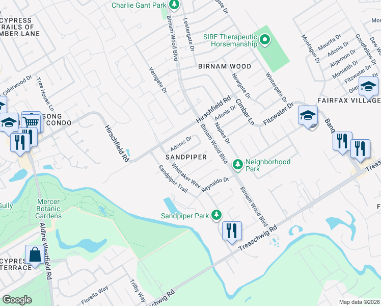 map of restaurants, bars, coffee shops, grocery stores, and more near 4003 Algernon Drive in Spring