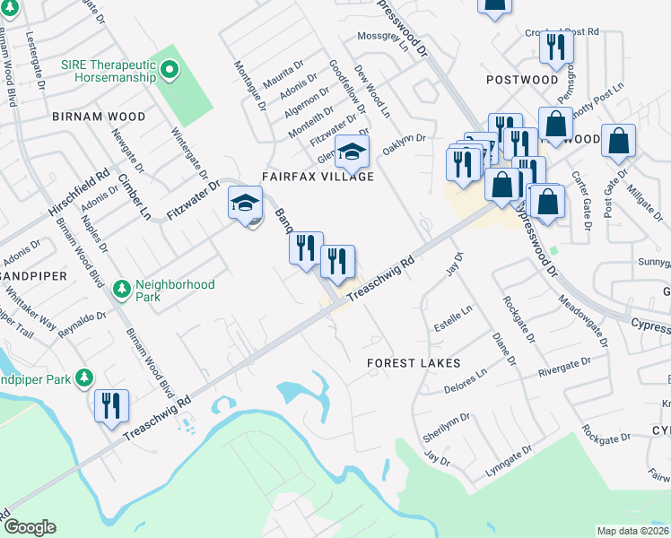 map of restaurants, bars, coffee shops, grocery stores, and more near 22810 West Fairfax Village Circle in Spring