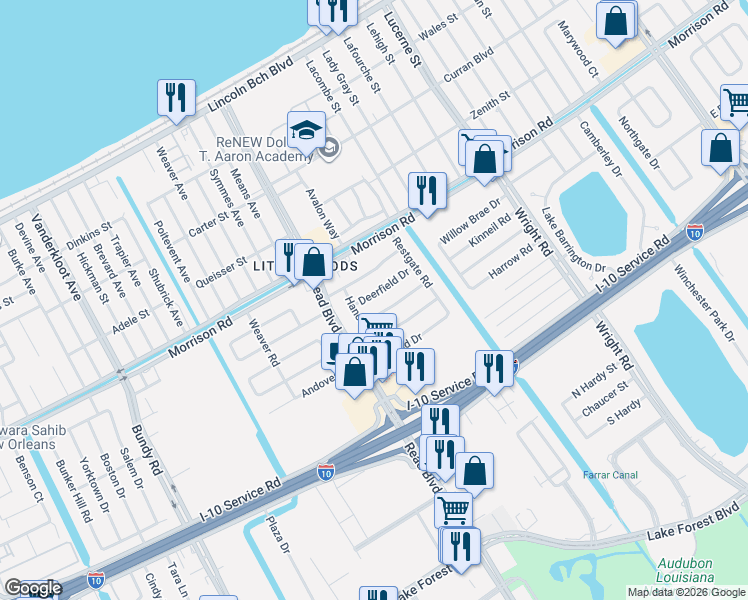 map of restaurants, bars, coffee shops, grocery stores, and more near 10140 Deerfield Drive in New Orleans