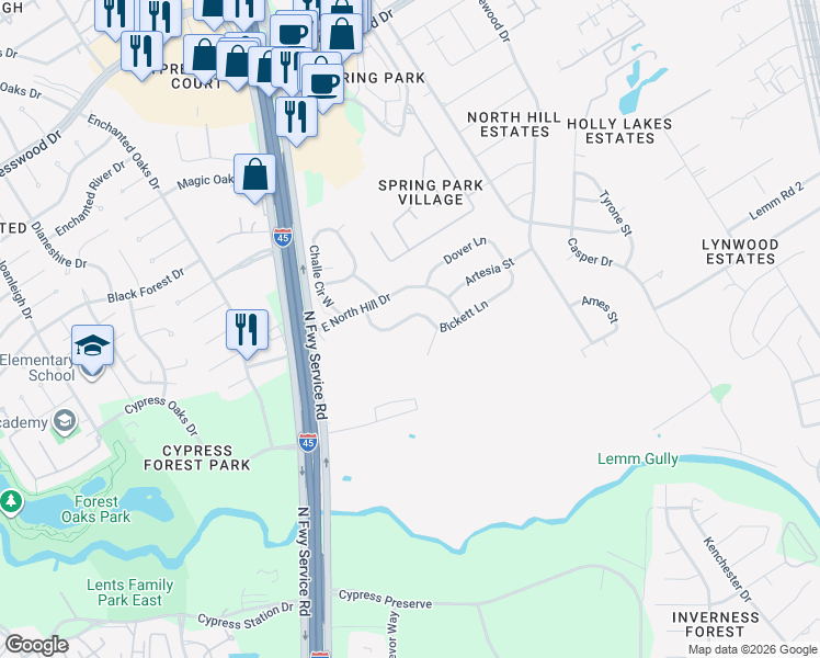 map of restaurants, bars, coffee shops, grocery stores, and more near 234 Bickett Lane in Spring
