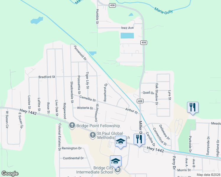 map of restaurants, bars, coffee shops, grocery stores, and more near 204 Thorn Ridge Street in Bridge City