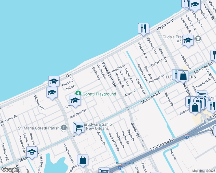 map of restaurants, bars, coffee shops, grocery stores, and more near 7710 Devine Avenue in New Orleans