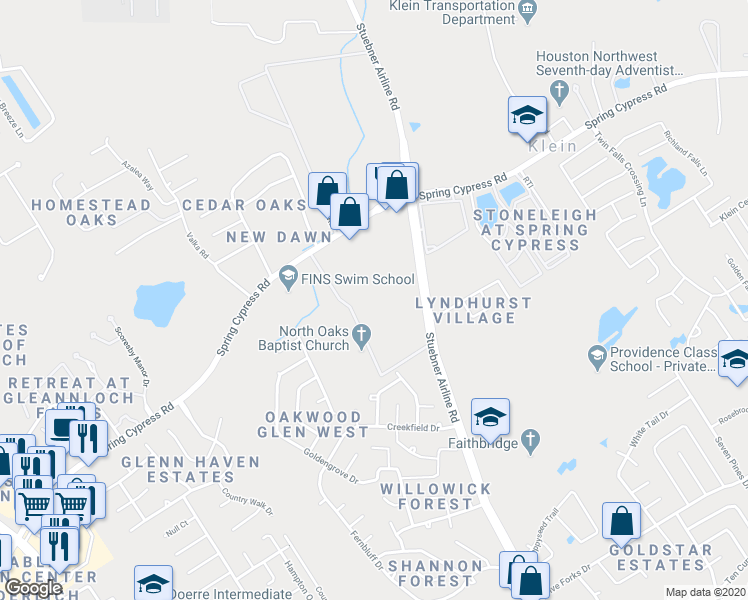 map of restaurants, bars, coffee shops, grocery stores, and more near 7625 Spring Cypress Road in Spring