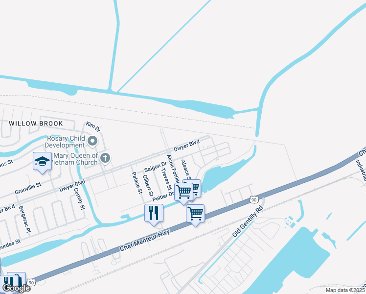 map of restaurants, bars, coffee shops, grocery stores, and more near 14430 Dwyer Boulevard in New Orleans