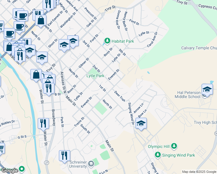 map of restaurants, bars, coffee shops, grocery stores, and more near 612 Travis Street in Kerrville