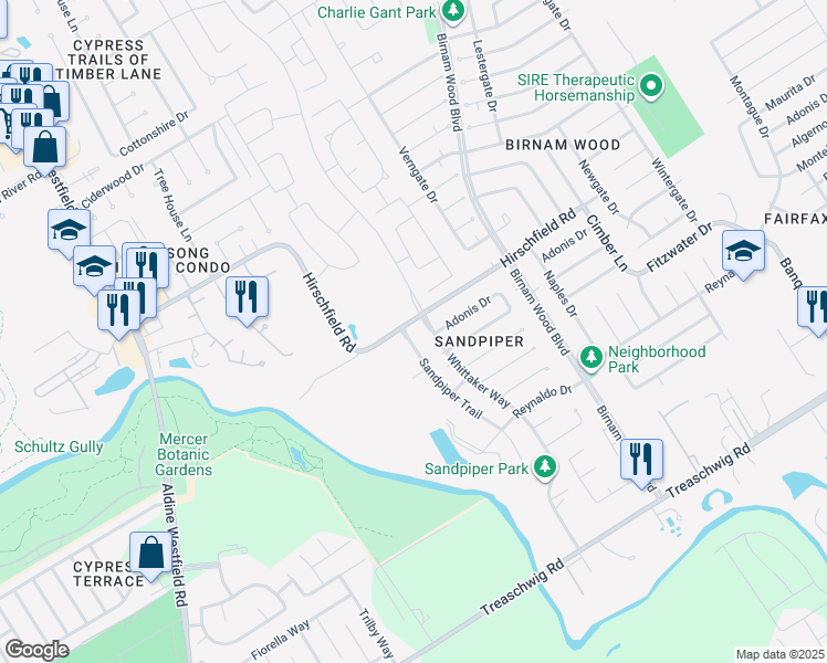 map of restaurants, bars, coffee shops, grocery stores, and more near 23338 Sandpiper Trail in Spring
