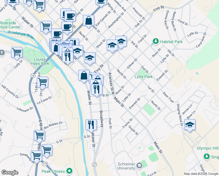 map of restaurants, bars, coffee shops, grocery stores, and more near 1204 Main St in Kerrville