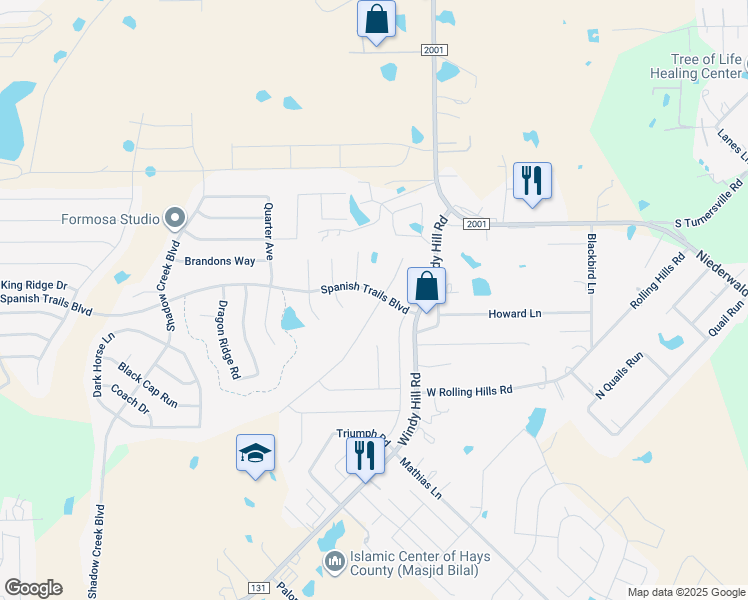 map of restaurants, bars, coffee shops, grocery stores, and more near 435 Eagle Brook Lane in Buda