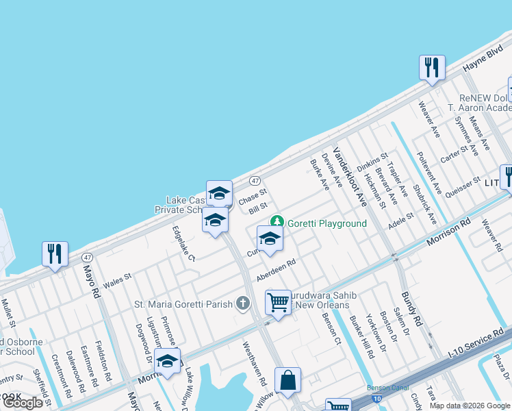 map of restaurants, bars, coffee shops, grocery stores, and more near 8541 Bill Street in New Orleans