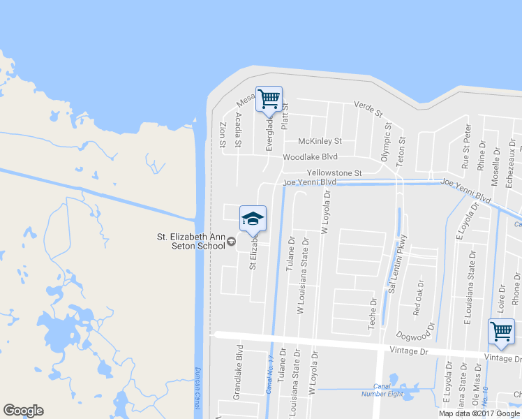 map of restaurants, bars, coffee shops, grocery stores, and more near 4208 Saint Elizabeth Drive in Kenner