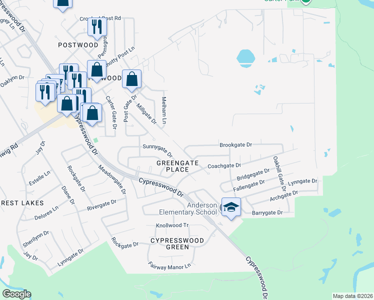 map of restaurants, bars, coffee shops, grocery stores, and more near 22542 Millgate Dr in Spring