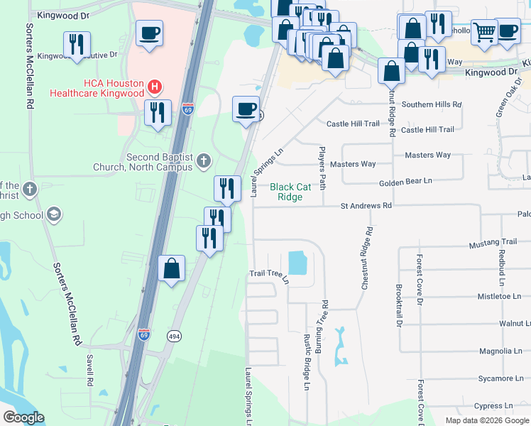 map of restaurants, bars, coffee shops, grocery stores, and more near 610 Saint Andrews Road in Humble