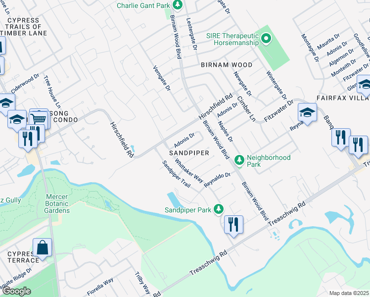 map of restaurants, bars, coffee shops, grocery stores, and more near 4003 Algernon Drive in Spring
