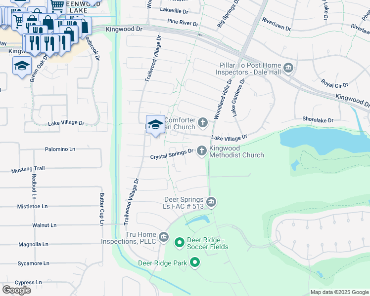 map of restaurants, bars, coffee shops, grocery stores, and more near 21 Crystal Springs Drive in Houston