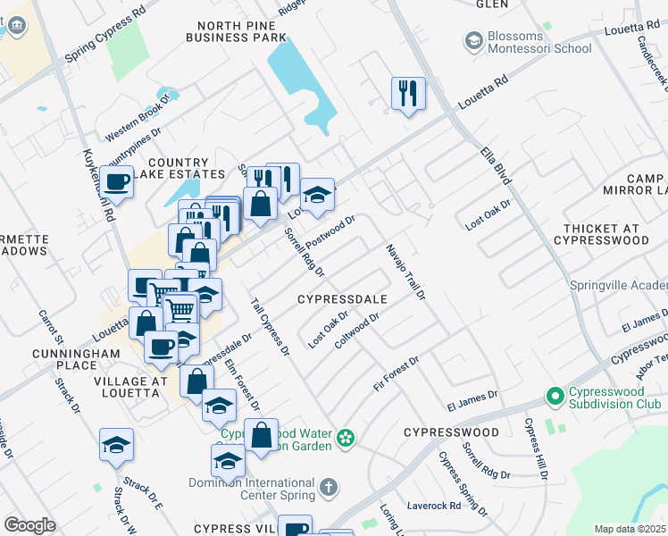 map of restaurants, bars, coffee shops, grocery stores, and more near 3914 Cypressdale Drive in Spring