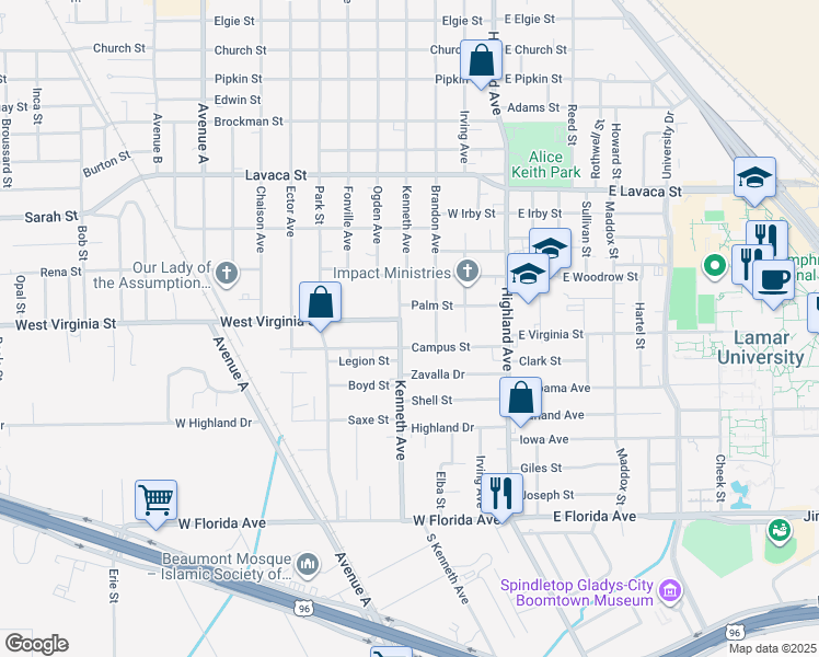 map of restaurants, bars, coffee shops, grocery stores, and more near 4513 Kenneth Avenue in Beaumont