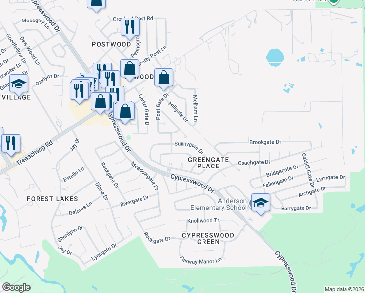 map of restaurants, bars, coffee shops, grocery stores, and more near 5818 Sunnygate Drive in Spring