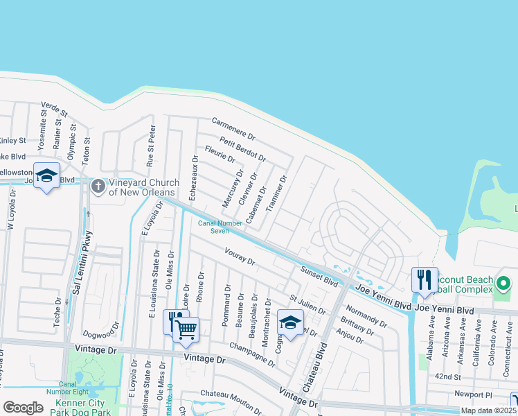 map of restaurants, bars, coffee shops, grocery stores, and more near 16 Cabernet Drive in Kenner