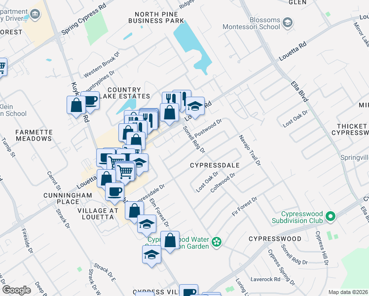 map of restaurants, bars, coffee shops, grocery stores, and more near 4006 Broken Elm Drive in Spring