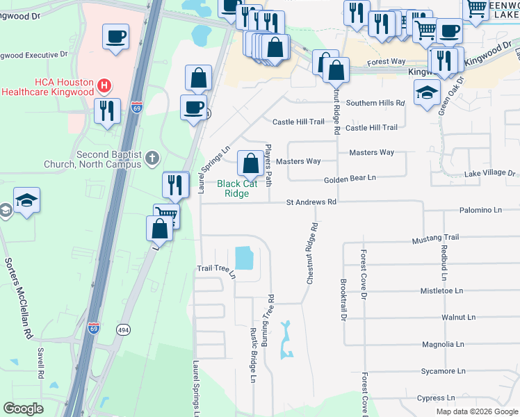 map of restaurants, bars, coffee shops, grocery stores, and more near 726 Saint Andrews Road in Humble