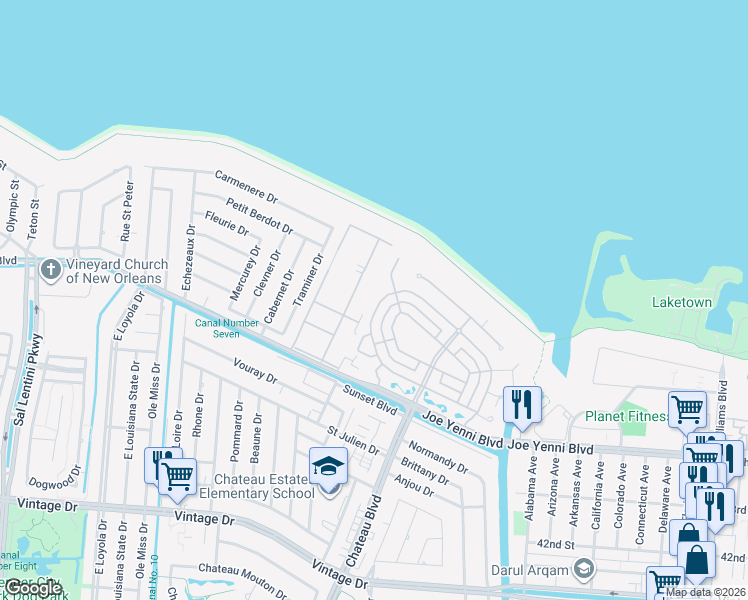 map of restaurants, bars, coffee shops, grocery stores, and more near 62 Palmetto in Kenner