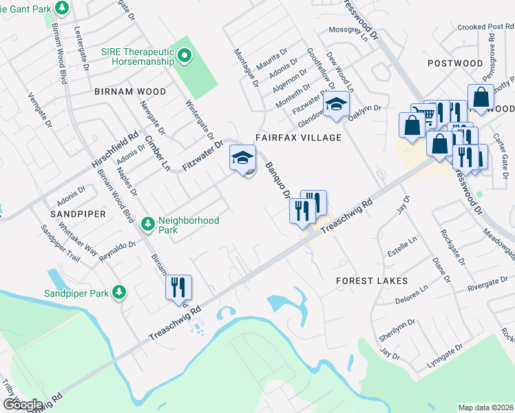 map of restaurants, bars, coffee shops, grocery stores, and more near 22918 Fairfax Village West Drive in Spring