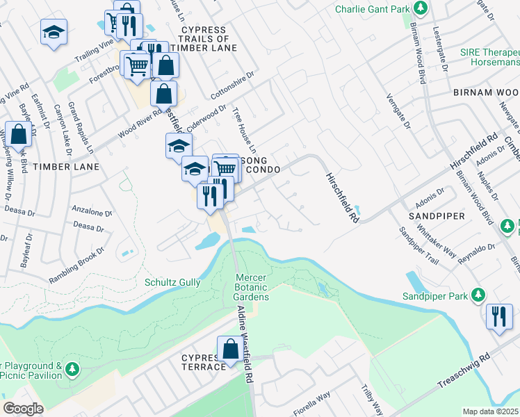 map of restaurants, bars, coffee shops, grocery stores, and more near 3013 Titleist Drive in Spring