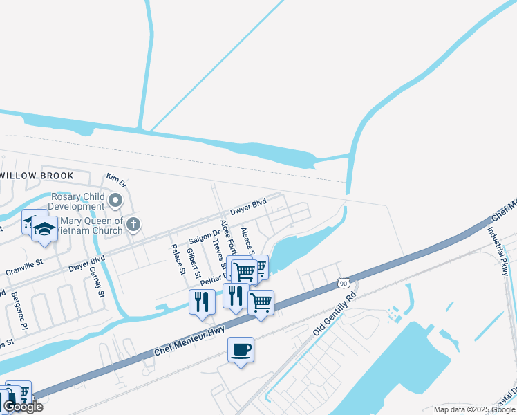 map of restaurants, bars, coffee shops, grocery stores, and more near 14480 Dwyer Boulevard in New Orleans