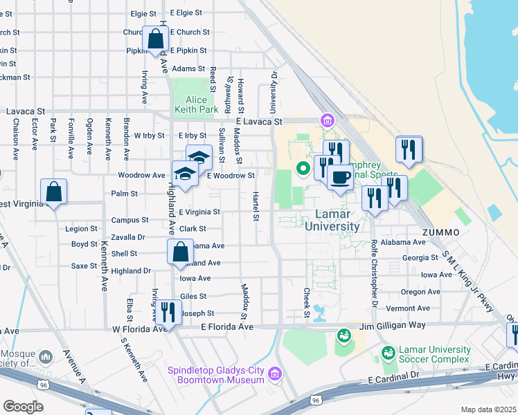 map of restaurants, bars, coffee shops, grocery stores, and more near 605 East Virginia Avenue in Beaumont