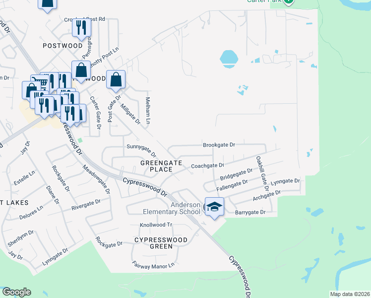 map of restaurants, bars, coffee shops, grocery stores, and more near 6206 Brookgate Drive in Spring