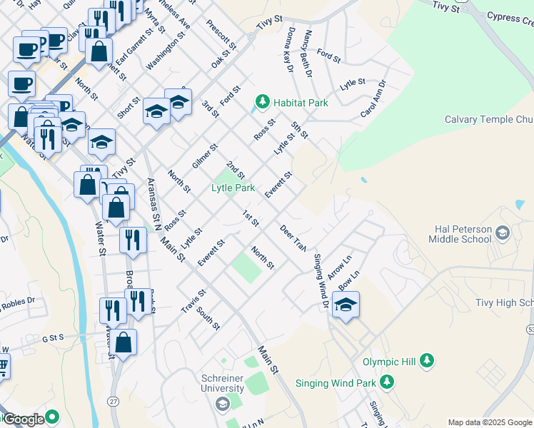 map of restaurants, bars, coffee shops, grocery stores, and more near 612 Travis Street in Kerrville