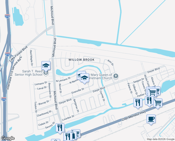 map of restaurants, bars, coffee shops, grocery stores, and more near 13742 North Lemans Street in New Orleans
