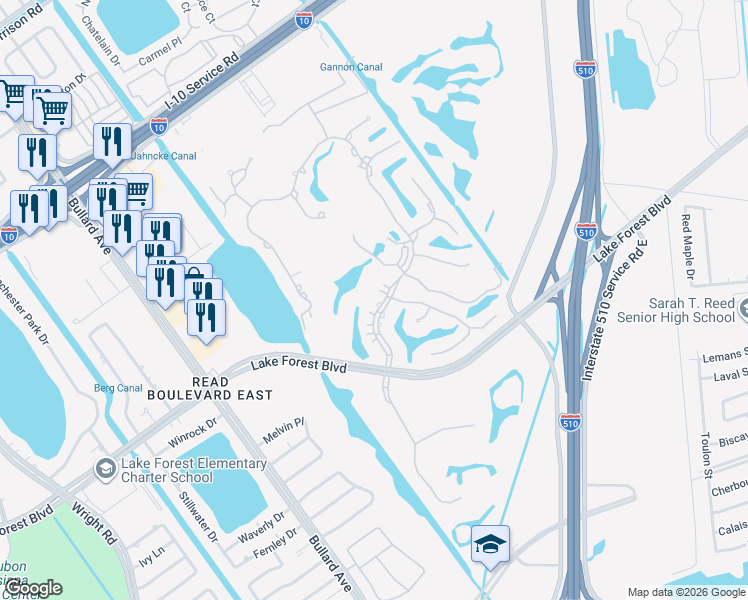 map of restaurants, bars, coffee shops, grocery stores, and more near 5770 Eastover Drive in New Orleans