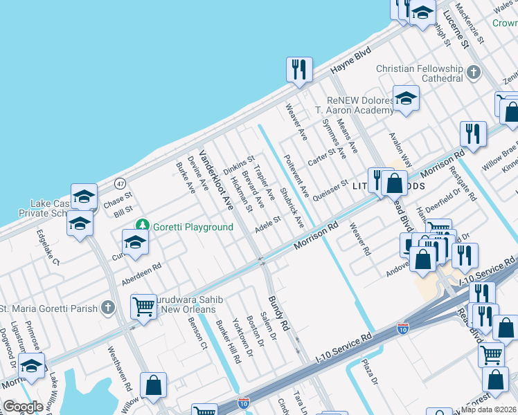 map of restaurants, bars, coffee shops, grocery stores, and more near 7541 Brevard Avenue in New Orleans