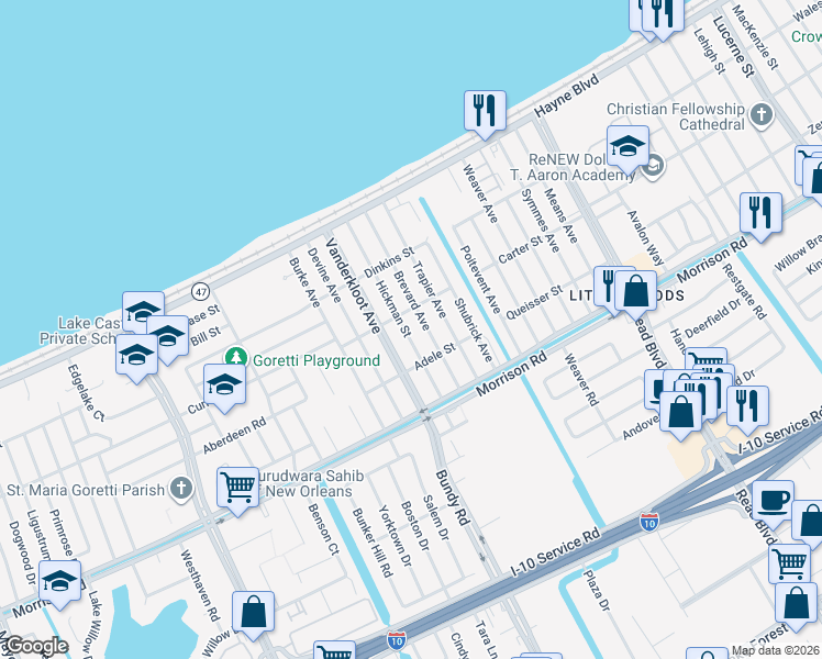 map of restaurants, bars, coffee shops, grocery stores, and more near 7613 Vanderkloot Avenue in New Orleans