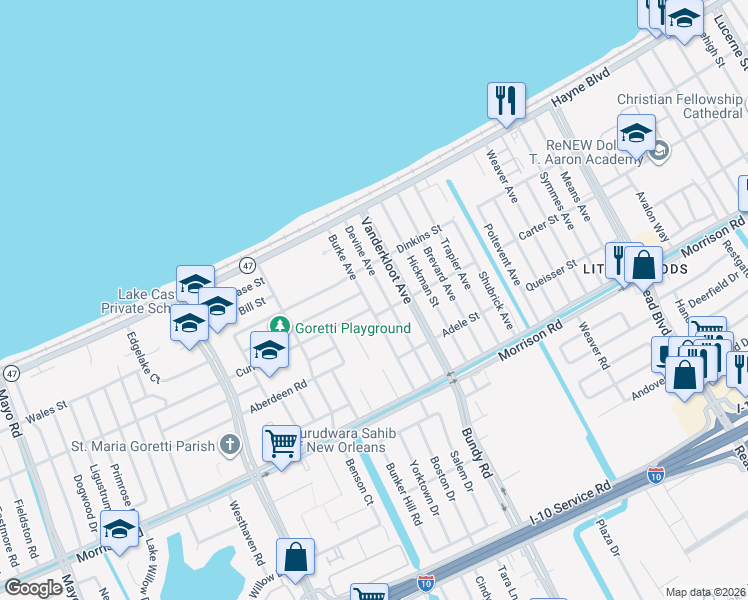 map of restaurants, bars, coffee shops, grocery stores, and more near 7710 Devine Avenue in New Orleans