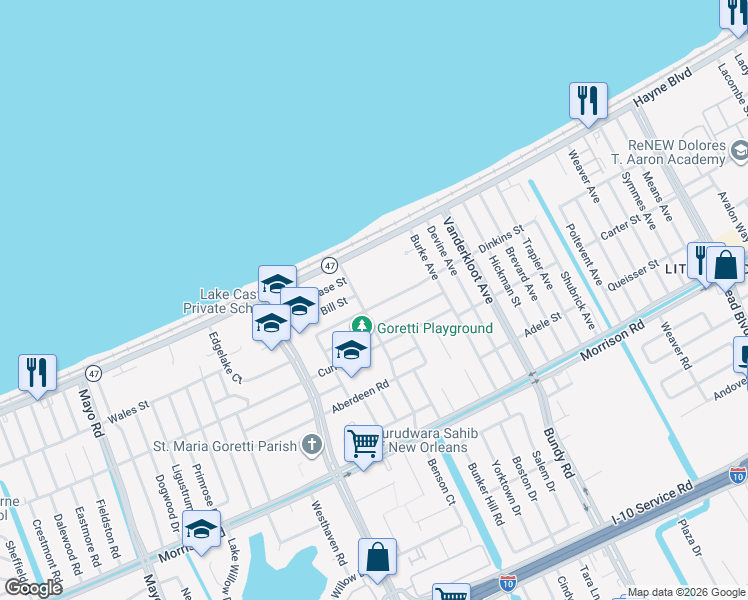 map of restaurants, bars, coffee shops, grocery stores, and more near 8701 Dinkins Street in New Orleans