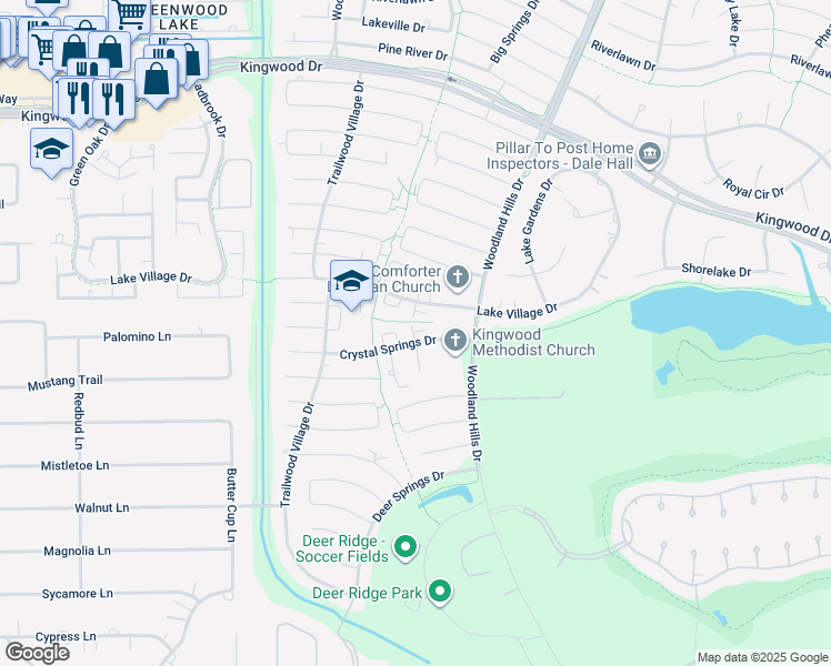 map of restaurants, bars, coffee shops, grocery stores, and more near 21 Crystal Springs Drive in Houston