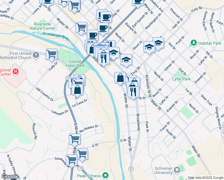 map of restaurants, bars, coffee shops, grocery stores, and more near 1001 Water Street in Kerrville