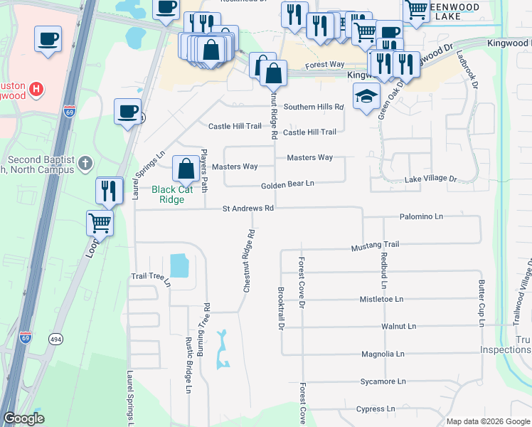 map of restaurants, bars, coffee shops, grocery stores, and more near 1014 Saint Andrews Road in Humble