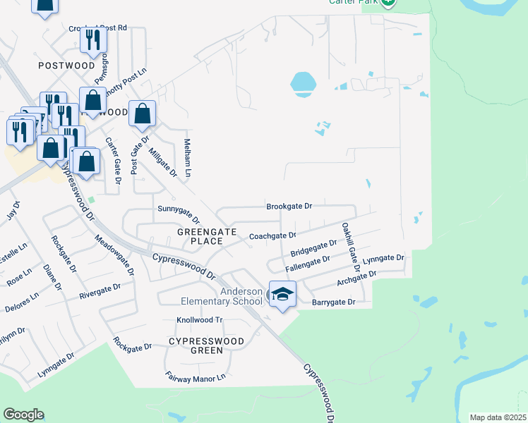 map of restaurants, bars, coffee shops, grocery stores, and more near 6234 Brookgate Drive in Spring