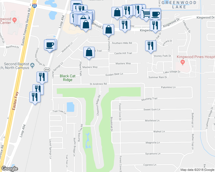 map of restaurants, bars, coffee shops, grocery stores, and more near 1014 Saint Andrews Road in Humble